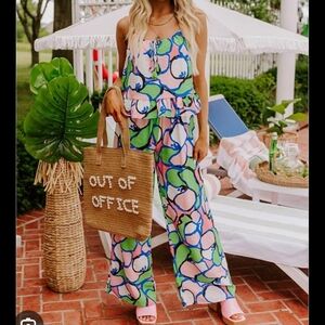 NWOT-Impressions-2 Piece Set-Wide Leg-Strap Top-Floral-Pink,Green,Blue-Medium